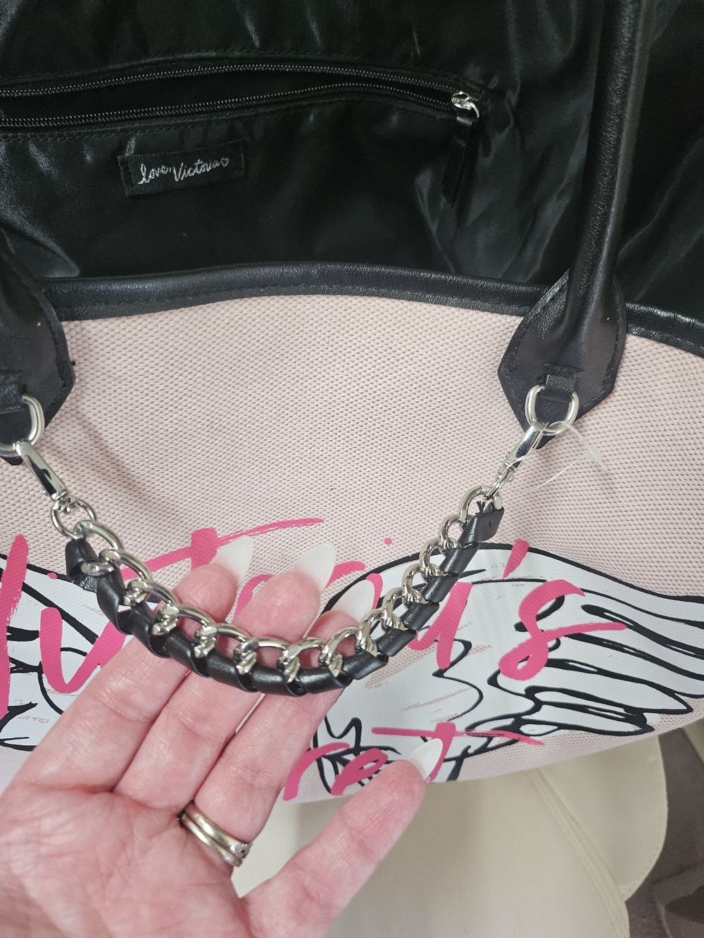 Victoria's Secret Pink Tote with Wing Graphic and Black Trim - Picture 5 of 9